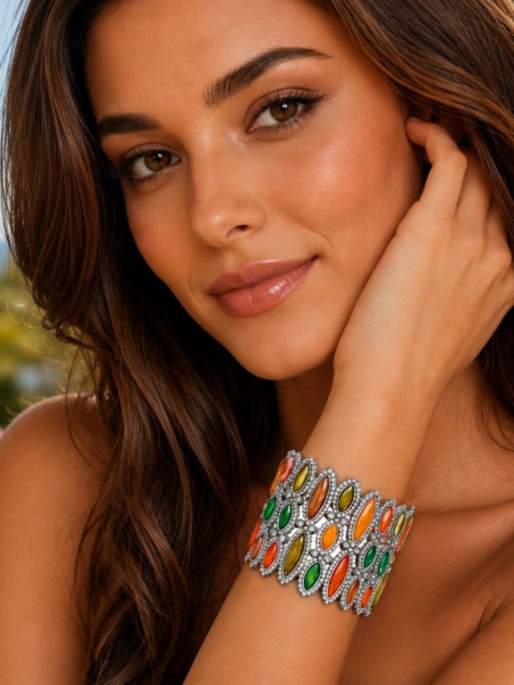 Wide Multicolored Enameled Stretch Bracelet with Bling